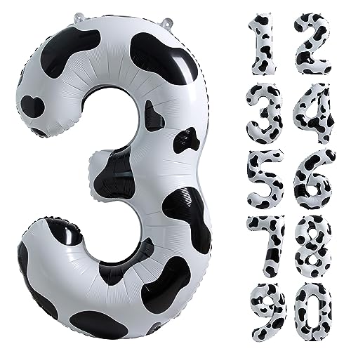 Image of Cow Print Number 3 Balloon, Large 40 Inch Cow Number Birthday Balloons | Helium Foil Mylar Balloon Cow Themed Birthday Party Decorations | Farm Barn Decor for kids,Girl,Boy