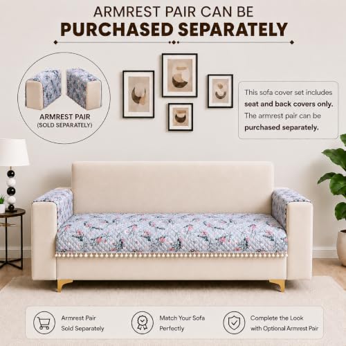 Image of Homerz Premium Printed Quilted Velvet Sofa Slip Cover Protector with Tassels, Sofa Mat, Exact Size, Antislip Cover (Grey Autumn, 2 Seater, Half)