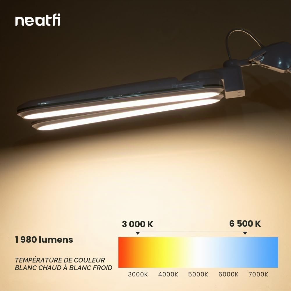 Neatfi Elite HD XL Lampe de Bureau LED | 3 Modes d’Éclairage | Variation Continue de l’Intensité | Bureau à Domicile, Dessin, Institut de Beauté et Établi (Anneau Rose, CCT avec Pince 45 CM)