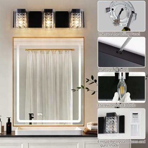 Image of MantoLite Modern Crystal Bathroom Vanity Light, 3CCT Matte Black Wall Light | 3-Light Bathroom Lighting Fixtures With Glass Shade Over Mirror,Bedrooms,Living Room or Dining Areas
