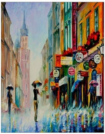 Creative Beautiful Modern Canvas Wall Art - Watercolor Painting City Street Rainy Day Landscape Canvas Print 11" x 14" Inch - Stretched and Framed Painting Artwork Home Decor Wall Living Room Office