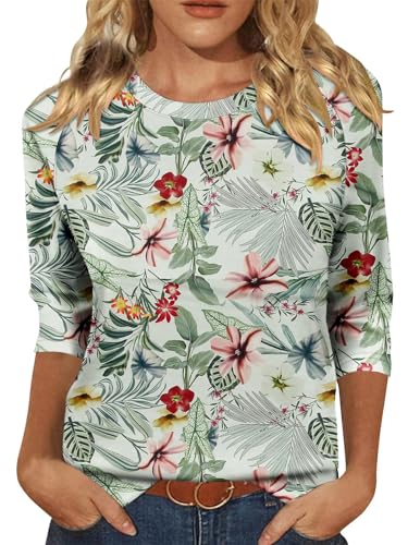 KISSMODA Tunic Tops for Women Loose Fit Dressy Round Neck Pleated 3/4 Length Sleeve Spring Tops