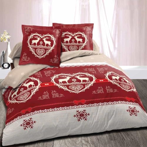 Alpes Blanc - Housse de Couette 240x220 cm Chalet Winter Rouge + 2 taies 65x65 cm – 100% Coton 57 Fils – Finition Rabat – Qualité Grand Teint
