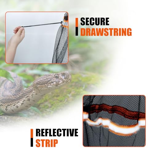 Image of Snake Catcher Net with Secure Drawstring, Rattlesnake Grabber Tool, Reptile Catch Telescopic Pole, 16''-59'' Stainless Steel Extendable Snake Stick&12'' Net Opening for Rattle Snake Removing Catching