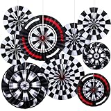 Outus 9 Pcs Race Car Party Decorations Checkered Hanging Paper Fans Black White Decor for Monster Truck Party Supplies Pre-Folded Wall Ceiling Decor for Birthday and Events