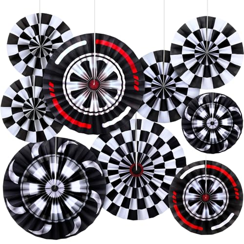 Outus 9 Pcs Monster Truck Birthday Party Decorations Racing Theme Paper Fans Black White Checkered Hanging Decor for Monster Truck Party Supplies Pre-Folded Wall Ceiling Decor for Birthday and Events