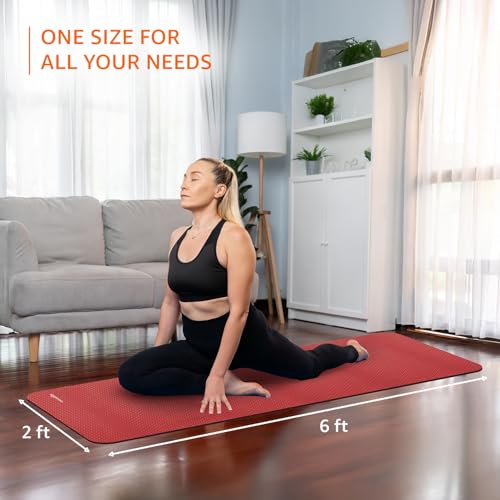 Image of AmazonBasics Dual Colour Reversible Yoga Mat | 6 MM Anti-Slip Thick Mat | Carry Strap | Grippy Surface | TPE & EVA Material | for Men & Women (Red & Black)