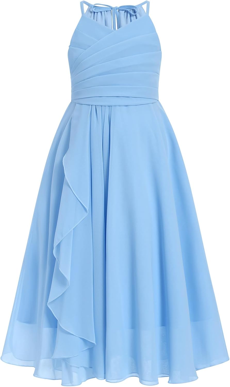 IBTOM CASTLE Flower Girls Dress Halter Pleated Chiffon Junior Bridesmaid Dress Wedding Flowy A-line Party Pageant Prom Dress