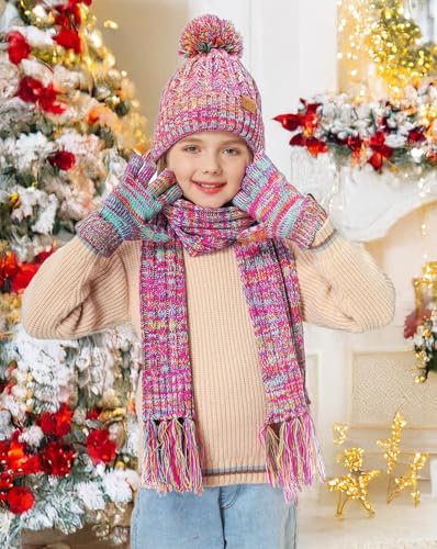 Remifa Kids Winter Hat Gloves Scarf Set, for Girl Boy Toddler w/Fleece Lined Pom Beanie Warmer Scarf Mittens4