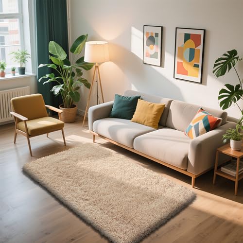 Shag Area Rug for Bedroom 3x5,Beige Fluffy Area Rugs for Living Room,Soft Fuzzy Rug Non-Shedding Indoor Plush Carpet for Kids Bedroom Nursery Dorm Home Decor