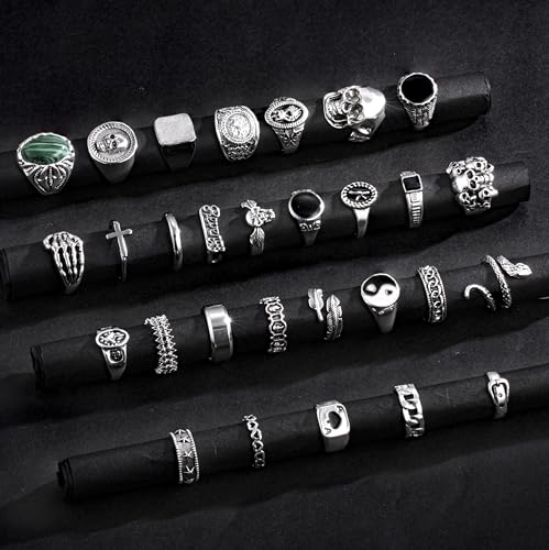 EIELO Vintage Silver Punk Rings Set for Men Cool Gothic Alt Chunky Rings Bulk Skull Snake Stackable Hippie Knuckle Bulky Rings Pack2
