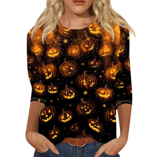 Image of Women Spooky Halloween Graphic Shirt 3 /4 Length Sleeve Crewneck Top | Halloween Funny Printed Pumpkin Plus Size Tshirts 2026 Fall Outfits Skeleton Tee Going Out Tops