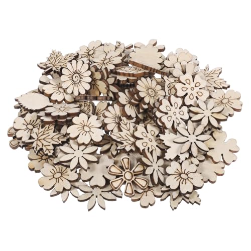 100 piezas de flores de madera sin terminar con patrón de hojas de madera hechas a mano, suministros de decoración para proyectos de arte, piezas de madera, adornos de álbumes de recortes