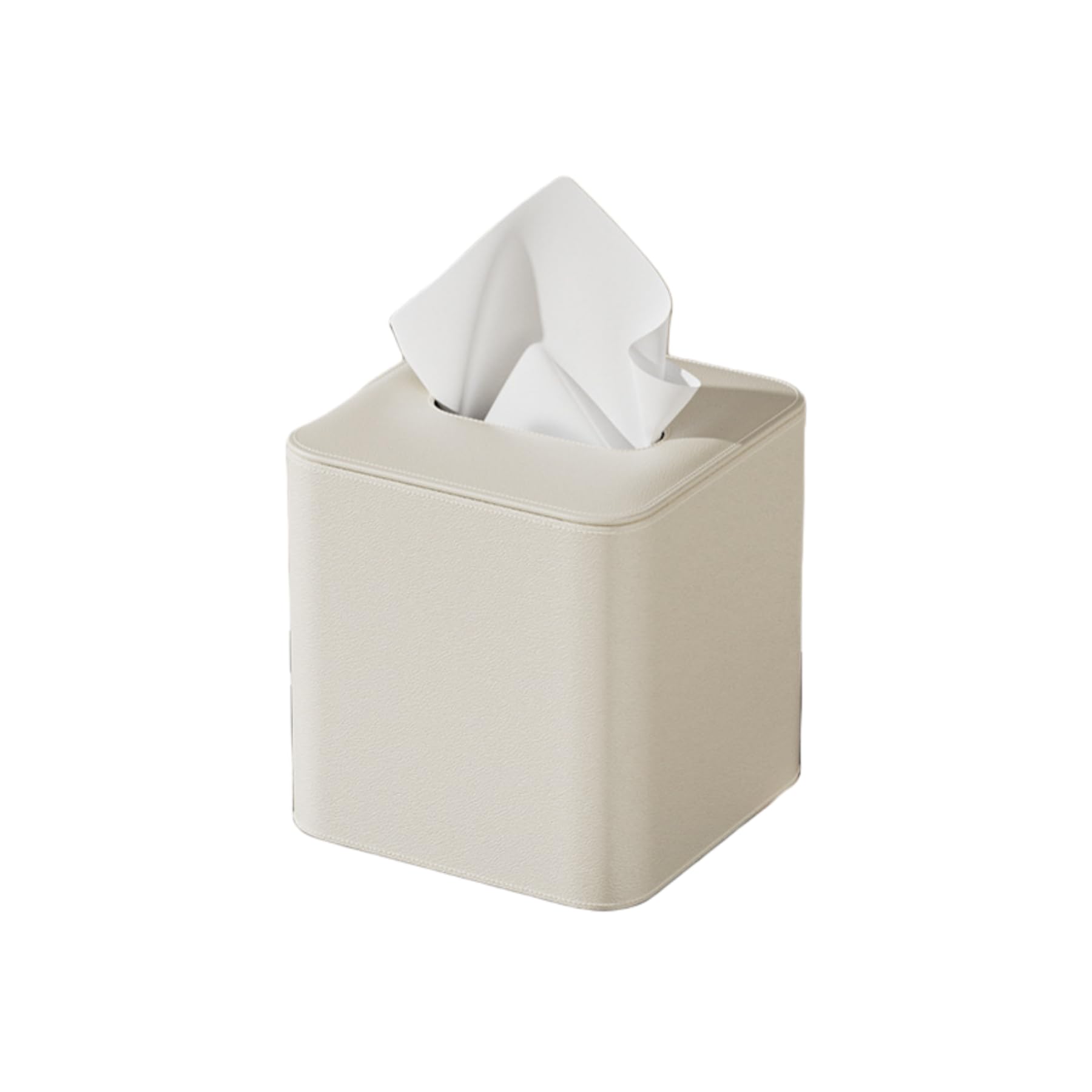 Square PU Leather Tissue Box Cover, Ribbed & Smooth Finishes, 6 Colors, for Standard Cube Tissues-Cream White