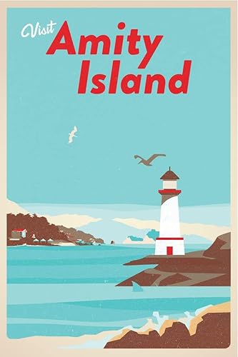 Visit Amity Island Massachusetts Fantasy Travel Retro Vintage Shark Fin Shark Attack Lighthouse Beach Cool Wall Decor Póster de 12 x 18 pulgadas