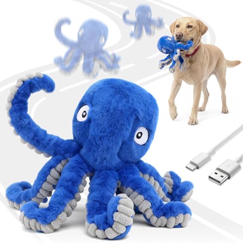 VOXGET Interactive Dog Octopus Toy Upgrade Automatic 1.5H Jumping Ball with Motion Activation for Small Large Dogs 2 in 1 Rechargeable Move & Tug Plush Toy Pets Keep Busy No Music (Blue Crinkle)