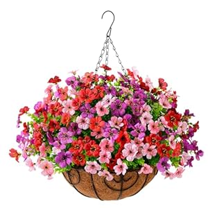 Artificial Faux Hanging Plants Flowers Basket for Outdoor Spring DecorationFake Silk Daisy in Planter Realistic UV Resistant for Outside Home Porch Patio Balcony YardPurple Red Pink