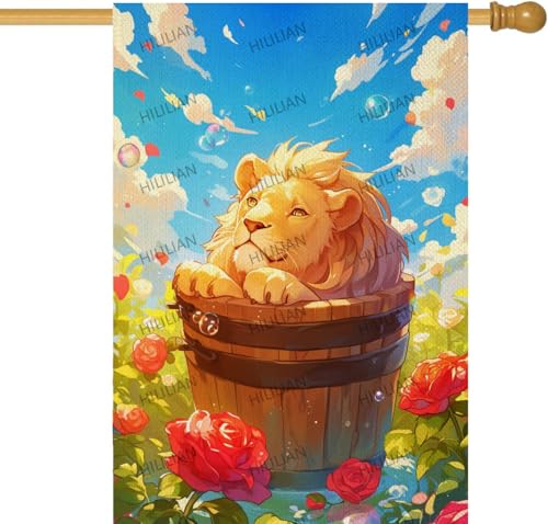 HILILIAN Lion Garden Flag Spring Red Rose Garden Flag Double Sided Waterproof Burlap Yard Flag Seasonal Spring Summer Outdoor Decoration 28x40 Inch (5332L)