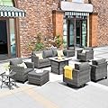 HOOOWOOO Patio Outdoor Conversation Set with Fire Pit Table,9 Piece Modern Outside Furniture with Swivel Rocking Chairs,PE Wicker Out Door Furniture Sofa and Ottoman Set(Dark Grey)