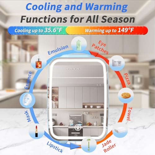 YASHE Skincare Fridge Mini Fridge for Bedroom with Dimmable LED Mirror, 4Liter/6 Cans Cooler and Warmer for Makeup, Cosmetic, Beauty, Portable Refrigerator for Bedroom, Vanity, Office and Car- Blue