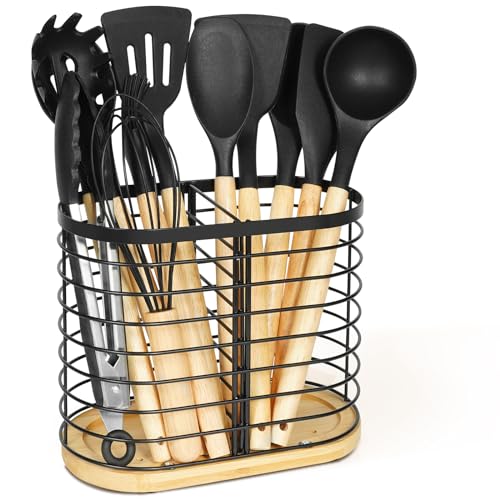 Utensilienhalter für Küchentheke，Küchenarbeitsplatte Utensil Organizer，große schwarze Edelstahl Utensil Schale mit hölzernen Basis，2 Fächer Küchenutensilien Caddy，Schwarz