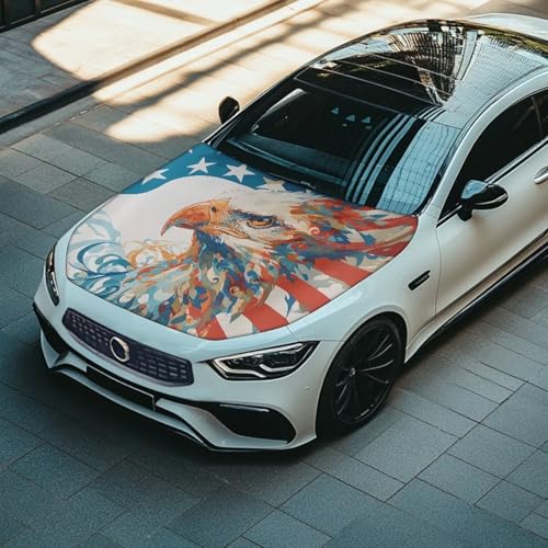 Image of USA Flag Bald Eagle Car Hood Cover Protector Car Hood Wraps Auto Patriotic Decorations Automotive Exterior Accessories for Most SUVs Sedans Trucks Jeep