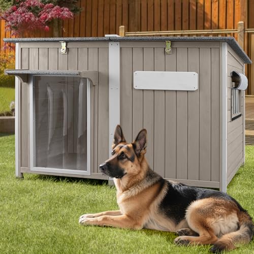 Large Dog House Outdoor XL Wooden Dog House with Weatherproof Asphalt Roof, Chew-Resistant Frame, Removable Floor, for Medium to Large Dogs Indoor Out