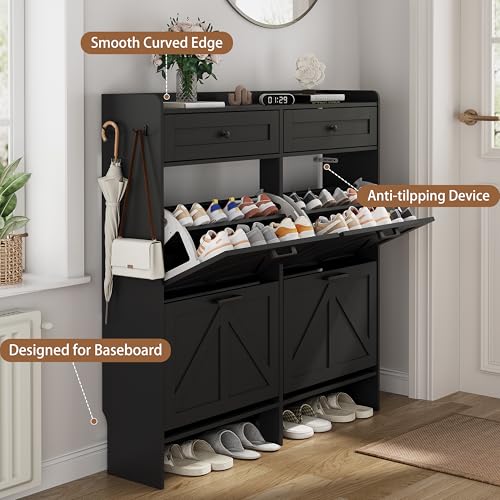 Image of Shoe Cabinet with 4 Flip Drawers & 2 Top Drawers, 43 inch Tall Freestanding Narrow Wooden Shoe Storage Organizer for Entryway, Hidden Slim Shoe Rack for Front Door Entrance, Hallway, Living Room, Black