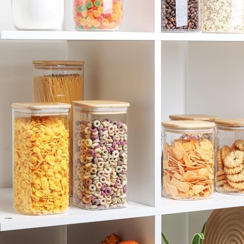 Image of Glass Food Storage Jars With Bamboo Lids 1500Ml,Wide Mouth Lid Jar For Home Kitchen,Flour,Sugar,Coffee,Pasta,Oats,Grains,Cookies,Snacks set of 6(6, SQUARE BAMBOO LID GLASS JAR 1500 ml -)