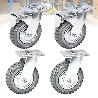 XINISS Rubber Caster Wheels 6 inch, Heavy Duty Plate Casters Set Swivel Rubber Wheel Pneumatic Castor Wheels for Furniture and Workbench Set of 4 (2 with Brakes & 2 Without)