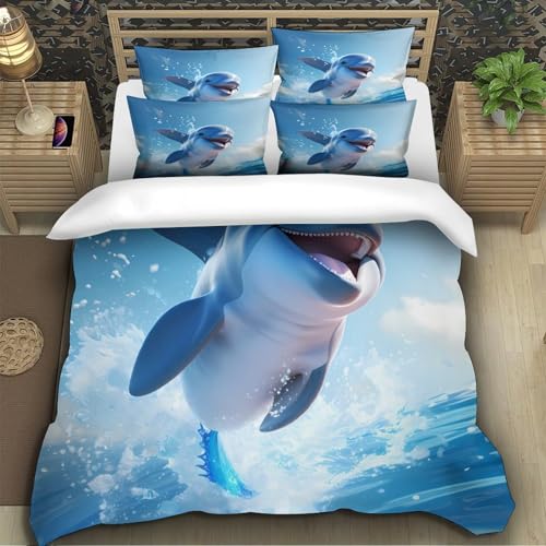 Housse de couette dauphin anti-pli parure de lit zippée 3D