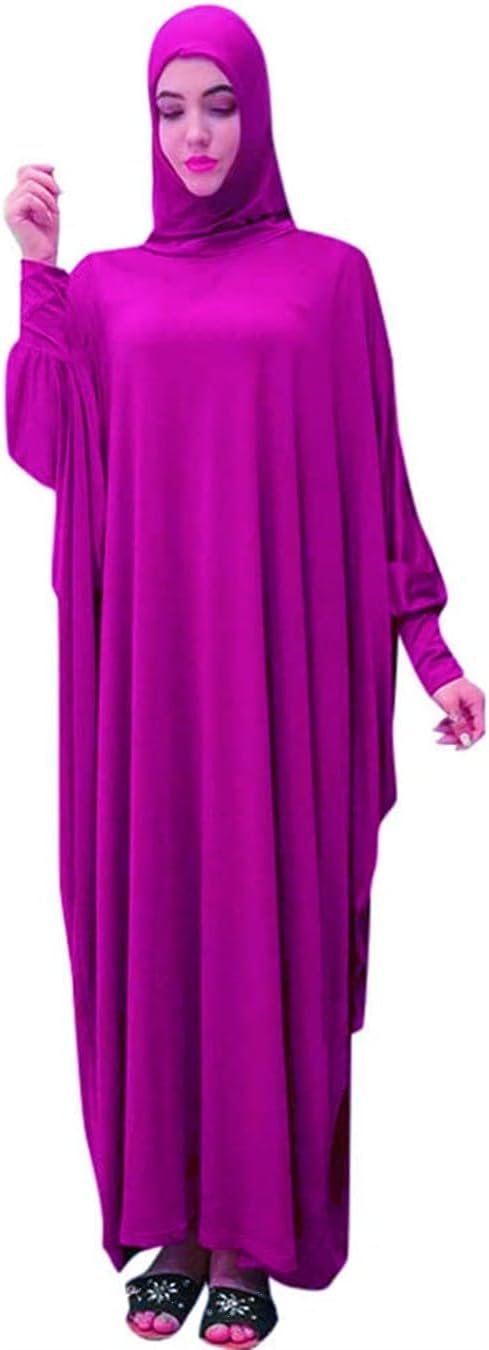 Women's Solid Muslim One-Piece Prayer Dress Abaya Kaftan with Hijab Full Length Dress