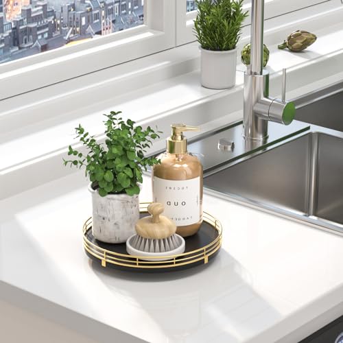 Image of 9 inch Oak Wood Bathroom Tray for Counter, Vanity Tray for Perfume Lotion Candle Makeup Jewelry Sink Soap Holder Turntable Dresser Organizer Countertop Coffee Table Decor Organization and Storage Gold