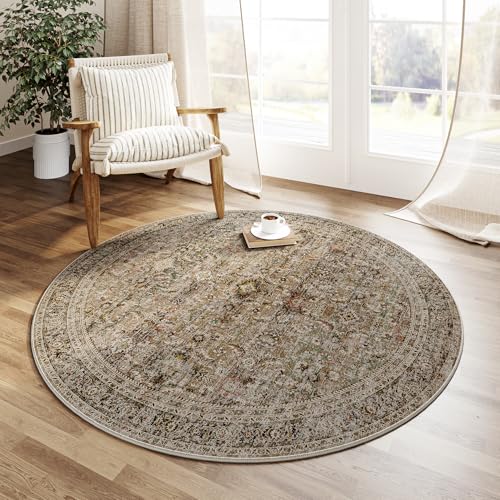 5x5 Washable Round Rug Brown Vintage Distressed Entryway Kitchen Non Slip Area Rug Living Room Bedroom Indoor Doormat Soft Accent Carpet for Entrance Dining Room Bathroom