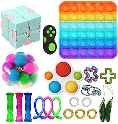 HANGYUAN Fidget Sensory Toys Pack, Fidget Toys Packs with Simple & Dimp Pop Bubble Squeeze Ball Bean Bundle for Kids and Adults (21Pcs-Bundle)
