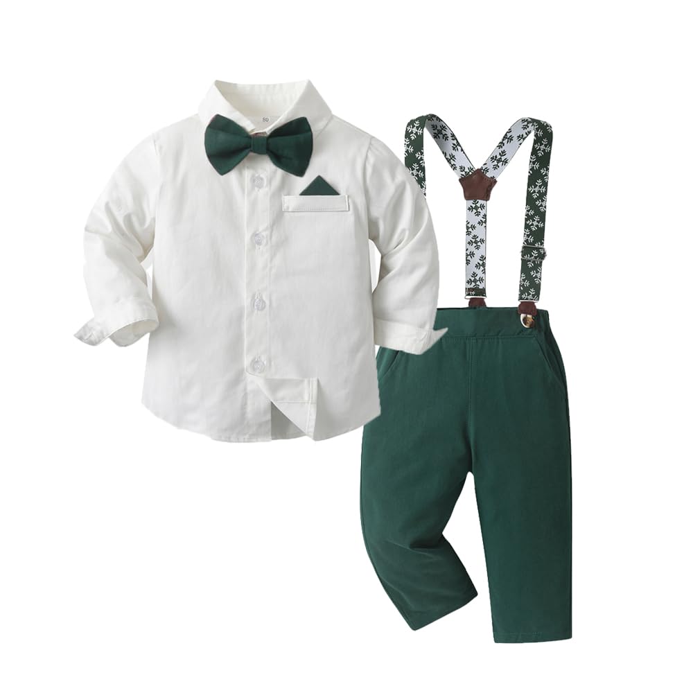 Ensemble Bébé Garçon Chemise de Noël Costume de Gentleman Vêtements Enfants Chemise à Manches Longues et Pantalon à Bretelles Nœud Papillon