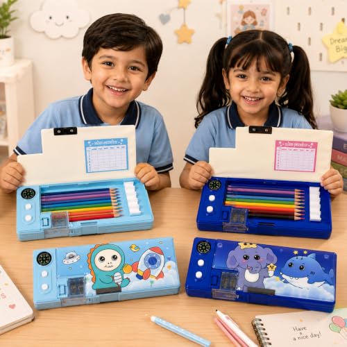 Image of ZAFCO Magnetic Plastic Pencil Box for Kids with Pop-Up Tray Built-in Compass Sharpeners Spacious Storage Pencil Case for Boys & Girls School Students -Pack of 1 (Blue Random)