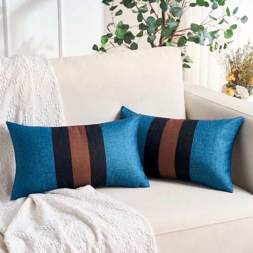 Rustic Blue Black Red Patchwork 12x20 Inch Cotton Linen Pillow Covers Set of 2