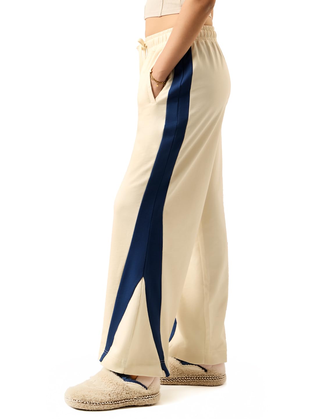 Flared Joggers: Horizon Women and Girls Drawstring Waist Cream and Dark Blue Colorblocked Cotton Fleece Flared Fit Lightweight Everyday Athleisure Joggers-image-44