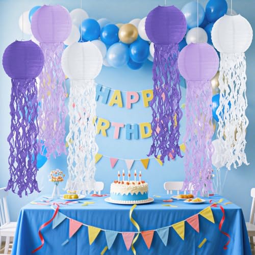 Image of Set of 6 Hanging Jellyfish Paper Lanterns Blue Jellyfish Decor for The Sea Ocean Party, Mermaid Birthday Decoration, Baby Shower, Nautical Events (Purple)