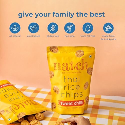 Image of Natch Thai Sticky Rice Chips, Healthy Snacks for Adults & Kids 100% Natural, Vegan & Gluten Free, Low Calorie Crackers Crisps, 25g each (Pack of 4), Sweet Chilli