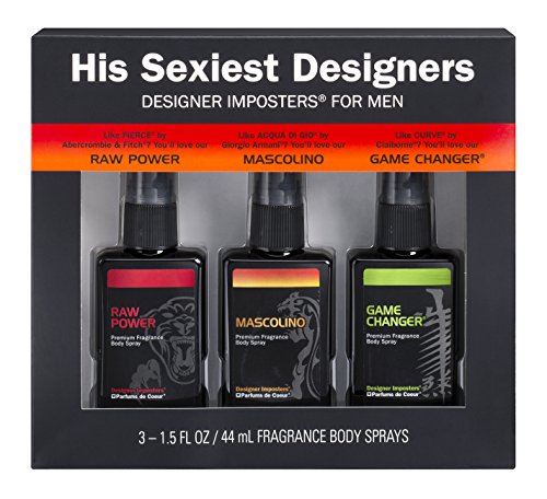 His Sexiest Designer Imposters Men's Trio 3 Piece Gift Set - Premium Fragrance Body Spray - 3 x 1.5 Ounce Spray Bottles 3 Piece Gift Set - Raw Power, Mascolino and Game Changer