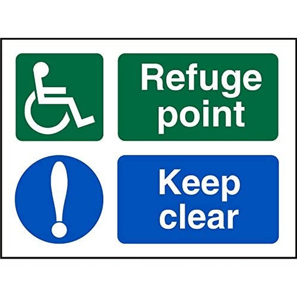 Seco DDA Fire Exit - Wheel Chair, Refuge Point, Exclamation Mark, Keep Clear Sign, 200mm x 150mm - 1mm Semi Rigid Plastic