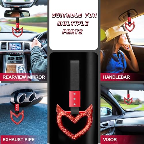 Image of Fabbay Bling Car Accessories Bling Heart Handle Ring Car Accessory for Women Heart Hand Strap Drift Charm Rear Bumper Warning Ring Decor for Auto Bus Interior Exterior Decoration (Red, Devil Style)