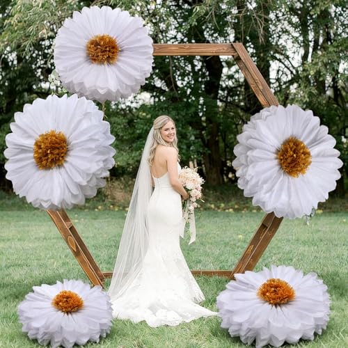 Image of Chunful 5 Pcs 30'' 24'' Gaint Daisy Tissue Paper Flowers Decor White Wonderland Large Hanging White Tissue Paper Pom Poms Decor for Wonderland Daisy Birthday Bachelorette Wedding Baby Shower Party