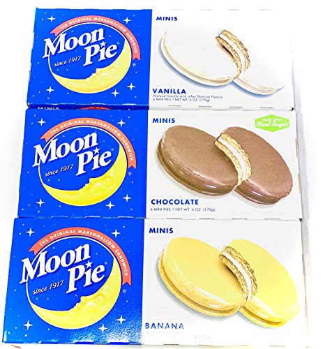 Moon Pie Minis The Original Marshmallow Sandwich Variety Pack Chocolate Vanilla Banana Snack Cake Bundle-3 pack plus STAM/FALANA Exclusive pck