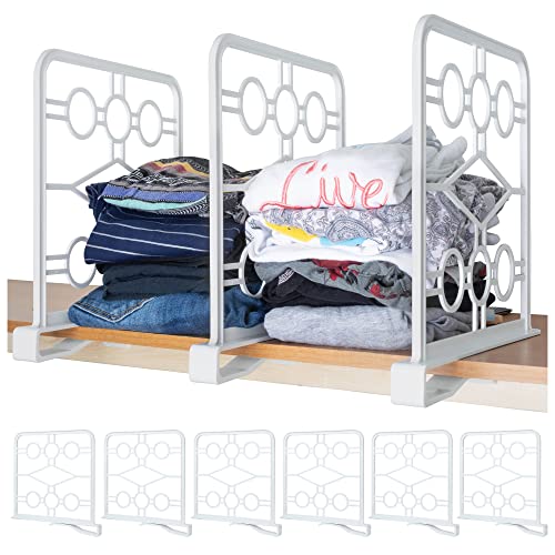 Shelf Dividers for Closet, Set of 6 White, Tool-Free Easy-Clip | Set of 6 white dividers, 11.4 x 11.4 in; clips onto flat shelves with no tools; not for wire racks
