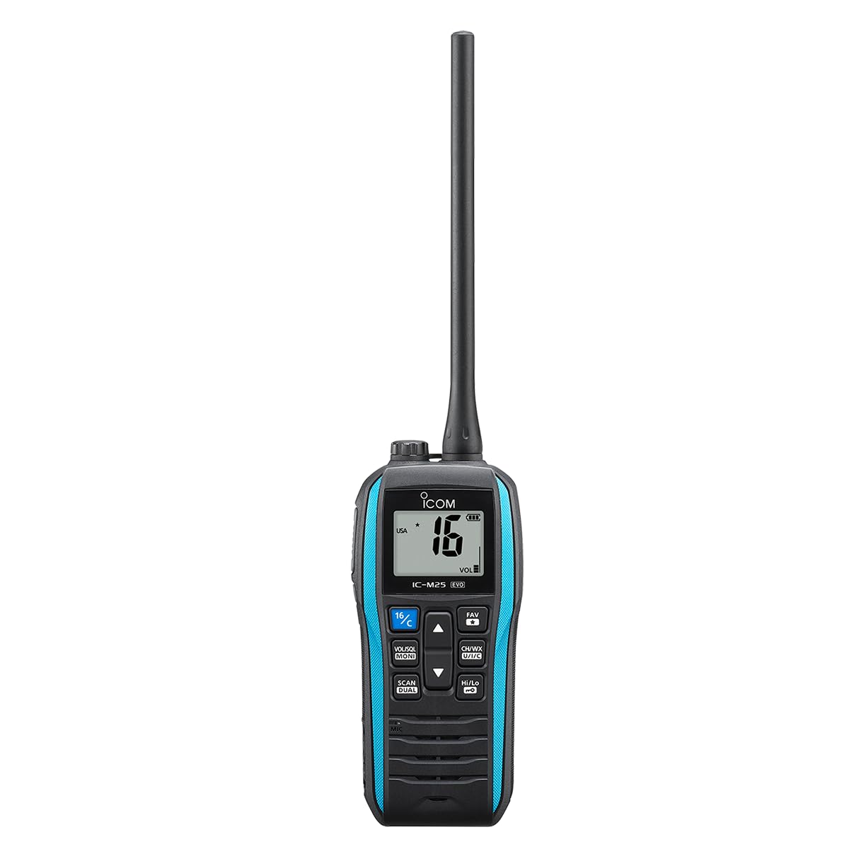 Icom M25EVO – Radio VHF azul marino | Flotante | Impermeable | Carga USB | Ligera | Batería de larga duración | Esenciales náuticos