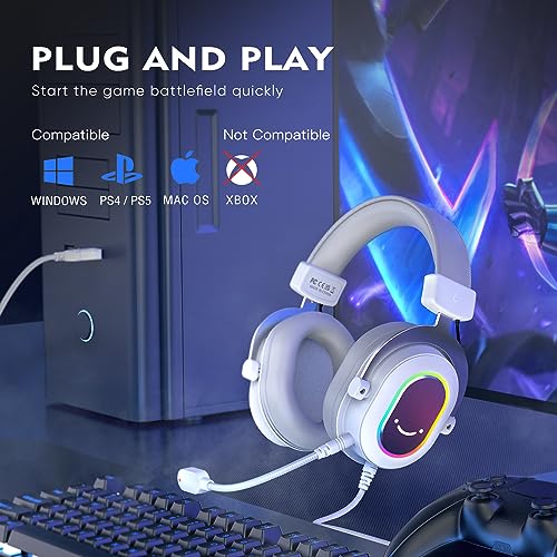 Image of FIFINE USB Gaming Headset, PC Headphones Wired with Microphone for Computer /Laptop, Over-Ear RGB Headset with 7.1 Surround Sound, Noise Cancellation for Streaming Video Game- AmpliGame H6 (White)