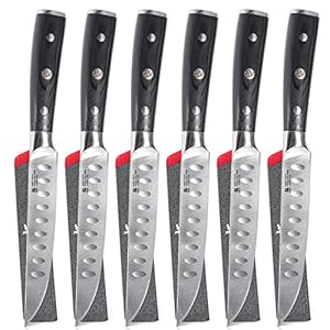 KYOKU Steak Knife Set of 6, Samurai Series 5″ Steak Knives, Non Serrated High Carbon Steel Knives Set with Case Pakkawood Handles Mosaic Pins Sheaths, Ultra Sharp Dinner and Kitchen Knife Cutlery Set